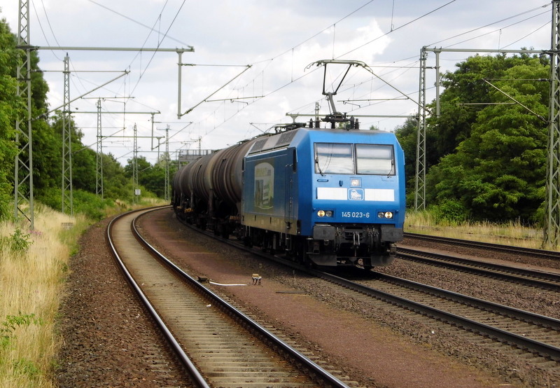 Am 2.07.2014 kam die 145 023-6 von der Press aus Richtung  Magdeburg  nach Niederndodeleben und fuhr weiter in Richtung Braunschweig  .