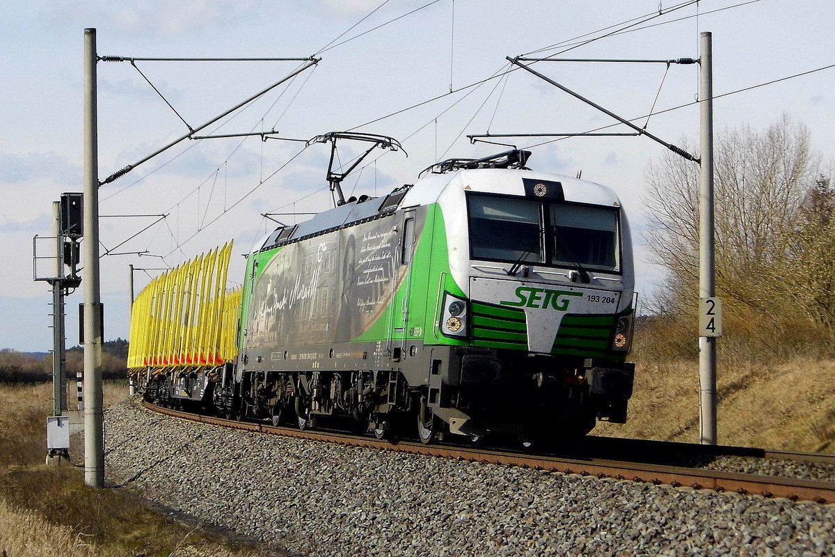 Am 21.03.2018 fuhr die 193 204-5 von der SETG (ELL) von Borstel weiter nach Rostock .