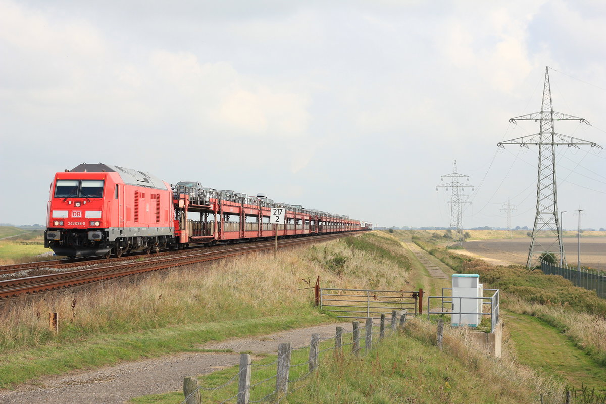 Am 21.09.2016 zieht 245 026 einen Autozug von Niebüll nach Westerland. Aufgenommen bei Friedrich-Wilhelm-Lübke-Koog. 