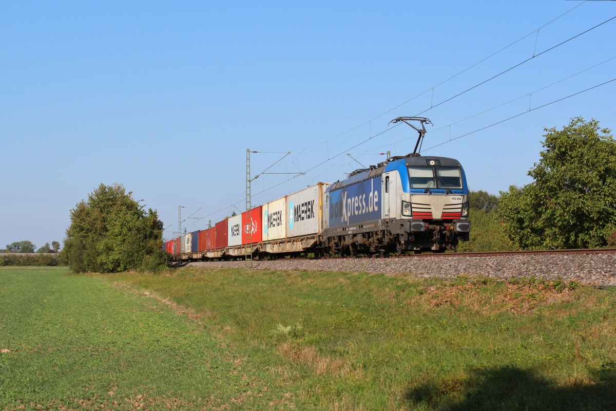 Am 21.09.2020 ist ein Vectron von Boxxpress mit einem KLV des Seehafenhinterlandverkehrs bei Bad Schönborn in Richtung Karlsruhe unterwegs. 