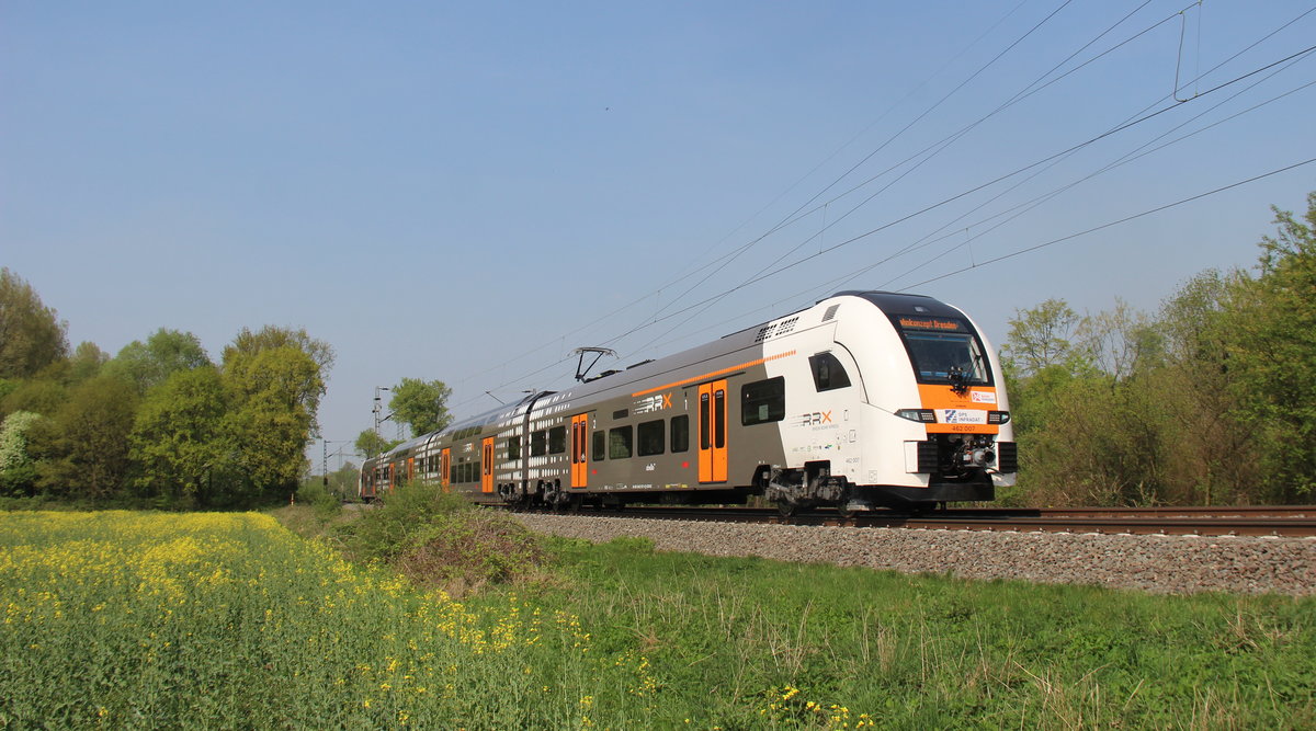 Am 21.4.2018 war es dann auch für mich endlich soweit, ich konnte meinen ersten neuen RRX Triebwagen auf offener Strecke erlegen. Diese Testfahrt führte 462 007 über die Güterzugstrecke von Duisburg-Wedau in Richtung Ratingen