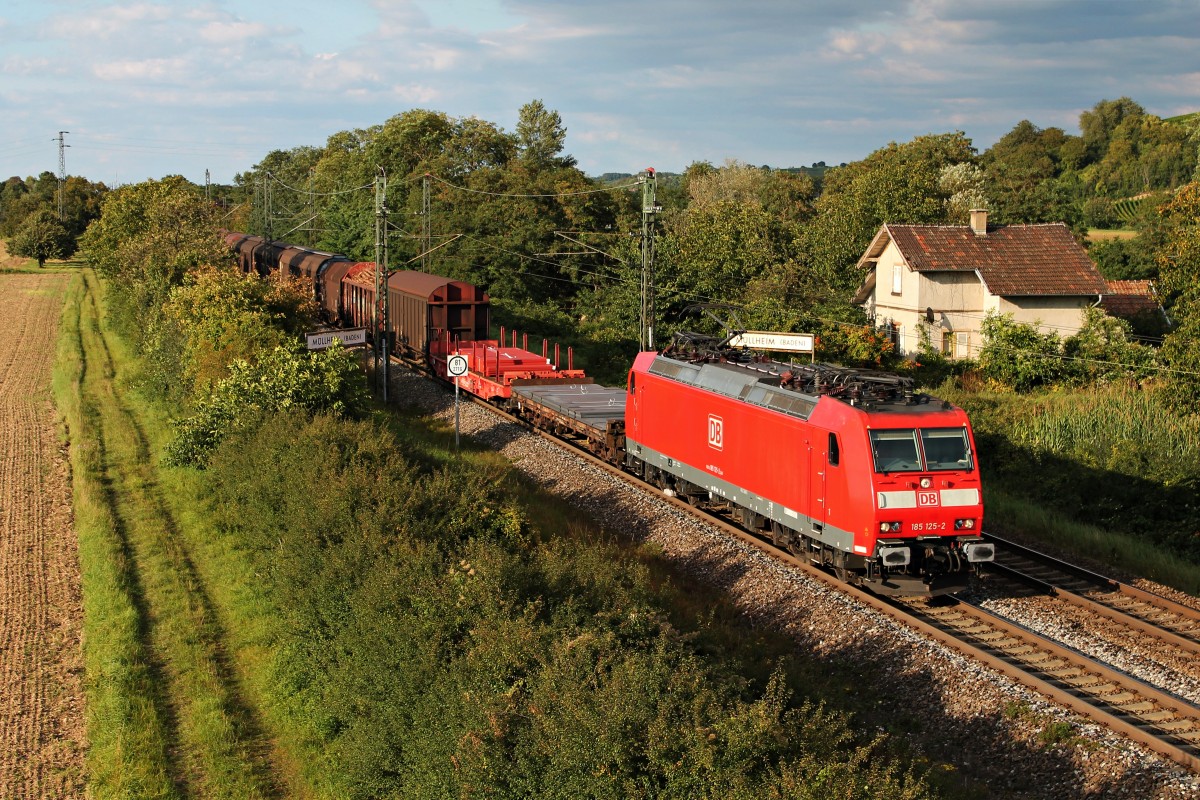 Am 22.08.2014 fuhr die 185 125-2 von DBSC in der Abendsonne mit einem gemischten Güterzug aus dem Bahnhofsbereich von Müllheim (Baden) gen Basel.