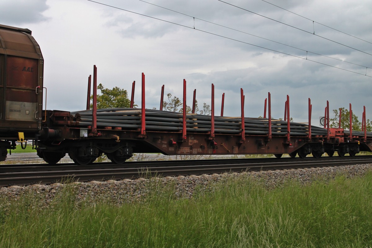 Am 23.05.2013 fuhr der Rns-z 399 1 255-1 mit Stahl an zweit letzter Stelle eines Gterzug durch die Ortschaft Hgelheim, nrdlich von Mllheim (Baden).