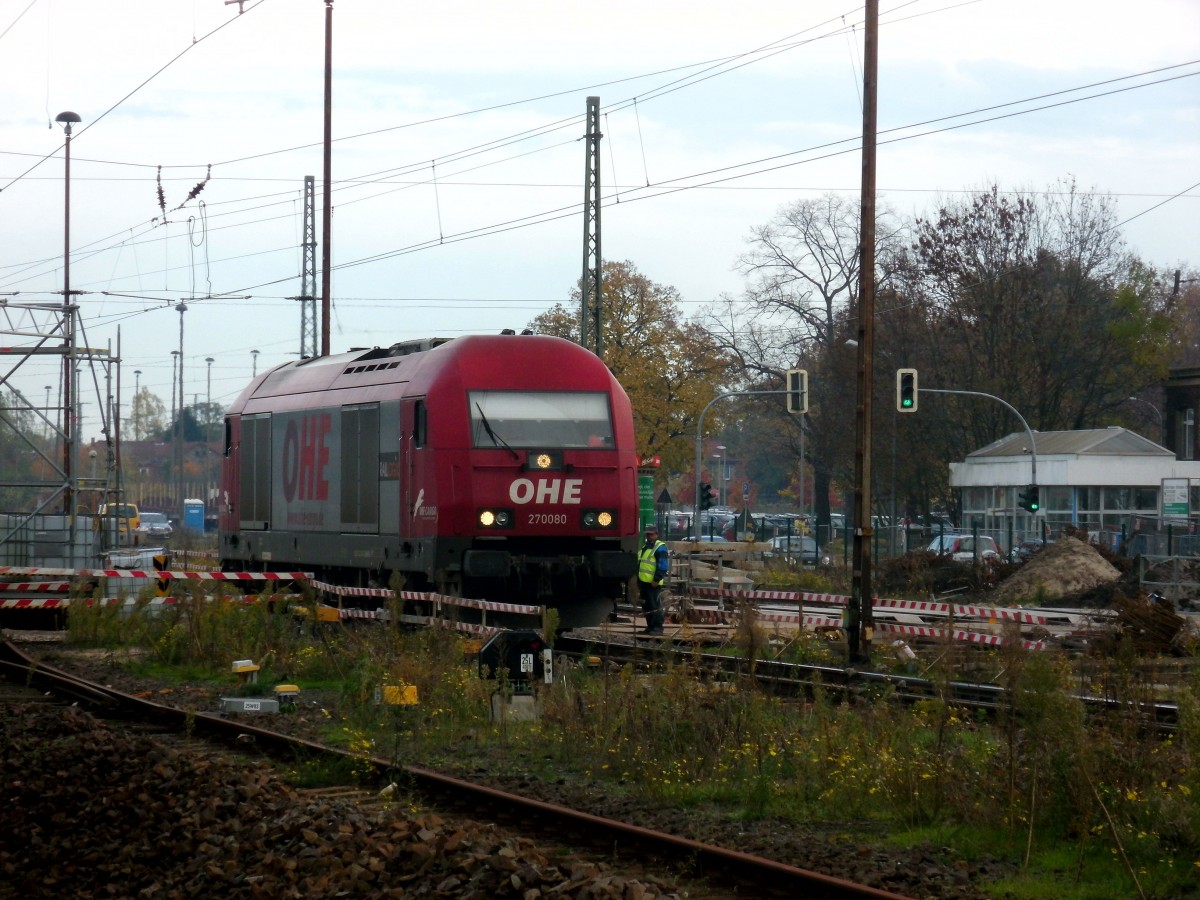 Am 23.10.2013 kam OHE 270080 (223 101) mit einem Holzzug aus Richtung Hannover. Hier in Stendal machte sie Kopf und fuhr dann wieder Richtung Niedergrne weg.