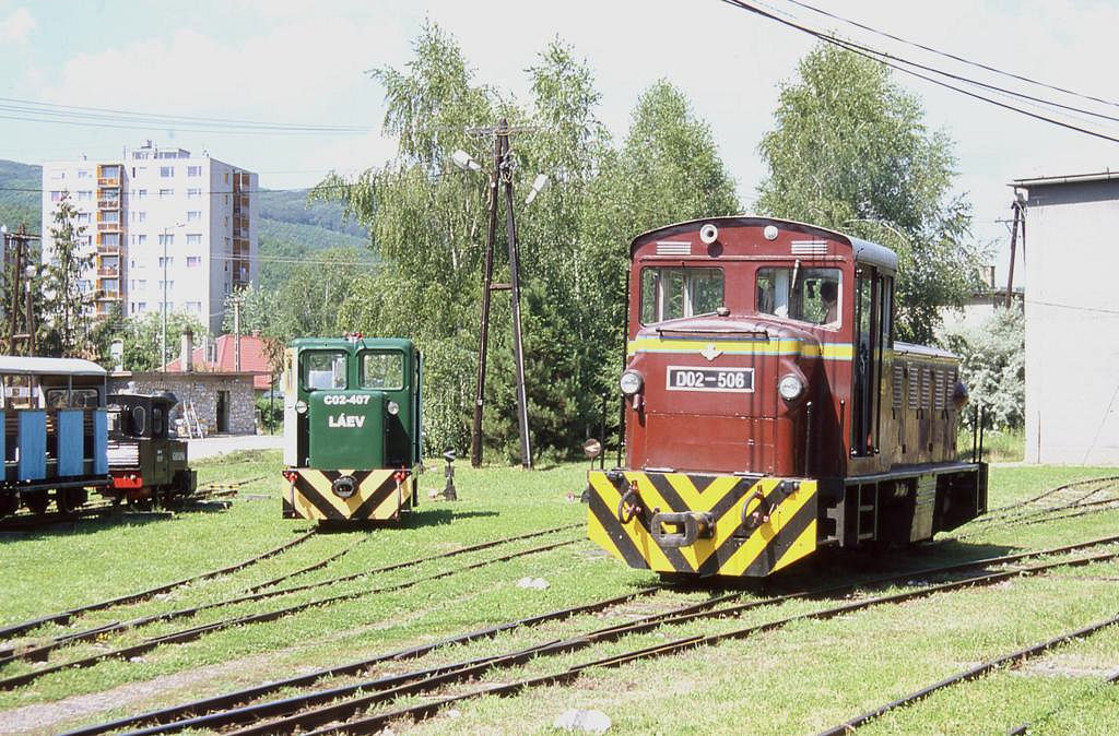 Am 23,6,2004 machte ich bei der Vorbeifahrt am 
Depot der Schmalspurbahn in Miskolc dieses Foto.
Rechts steht D 02-506 und in der Mitte ist C 02-407 
zu sehen. Daneben links steht ein kleiner Kinder
Eisenbahn Zug, der nur im Depot seine Runden drehen 
kann, da er auf kleinerer Spurweite unterwegs ist.