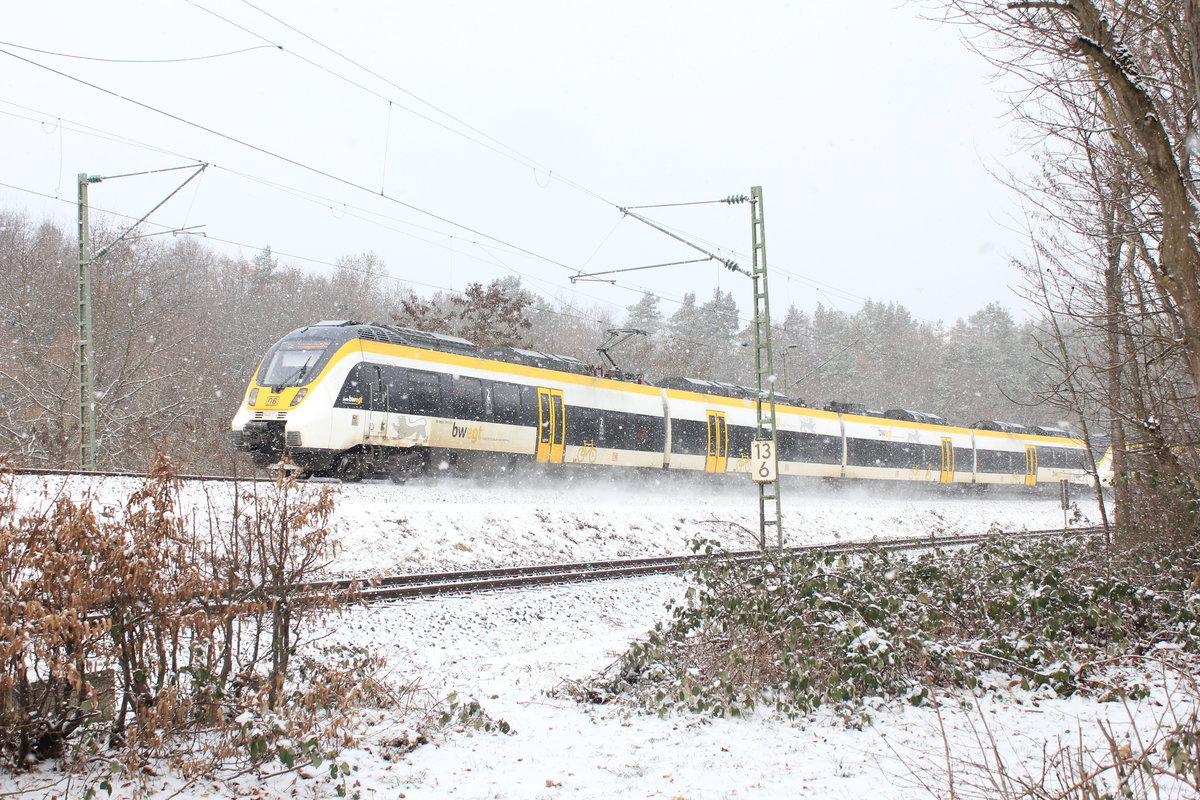 Am 24.01.2019 verkehrt ein Hamsterpärchen von 442 714 angeführt als RE von Stuttgart nach Freudenstadt/Rottweil über die Stuttgarter Panoramabahn unterhalb des Wohngebietes Dachswald. 