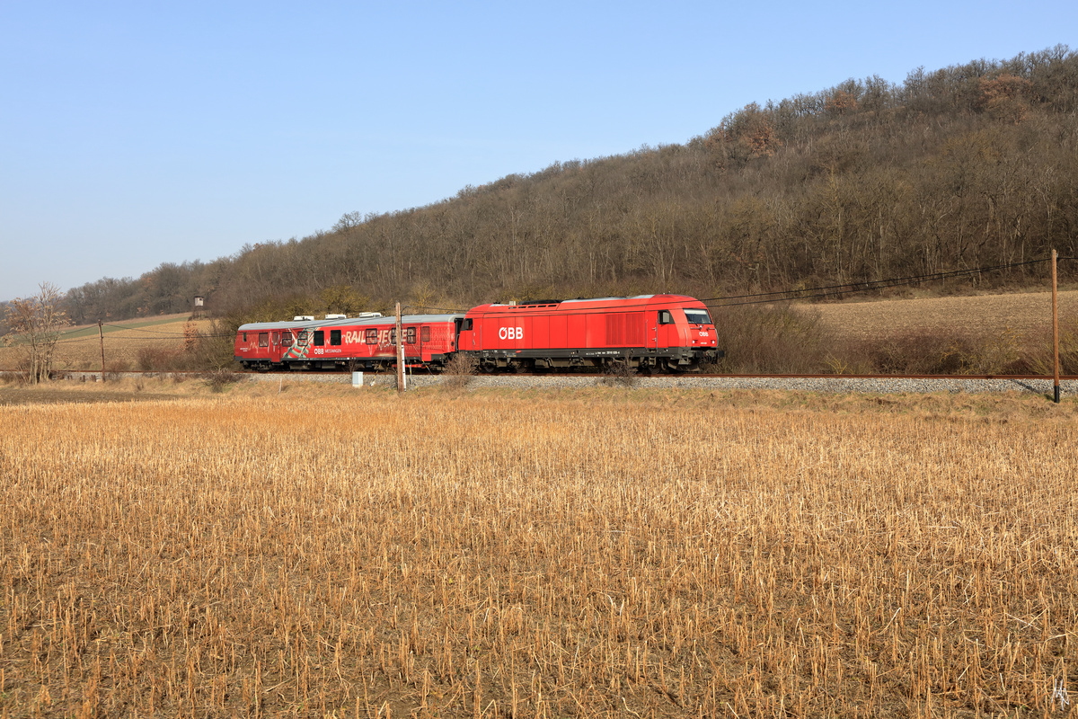 Am 24.02.2021 war der Oberbaumesszug zwischen Bad Pirawarth und Groß Schweinbarth unterwegs. Bezogen wird der Messwagen von der 2016.026.