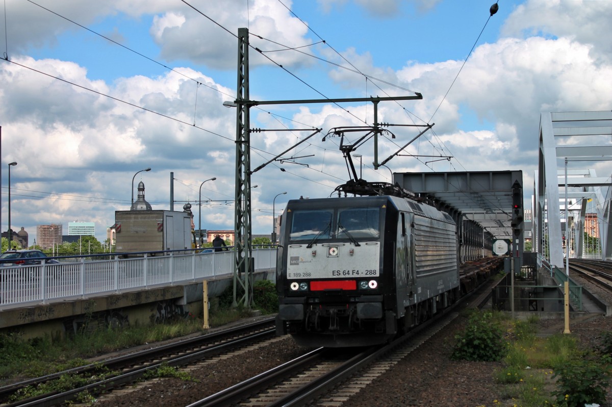 Am 24.05.2014 fuhr MRCE/SBB Cargo ES 64 F4-288 mit einem nicht so vollen Containerzug über den Rhein zwischen Mannheim Hbf und Ludwigshafen (Rhein) Mitte in Richtung Norden.