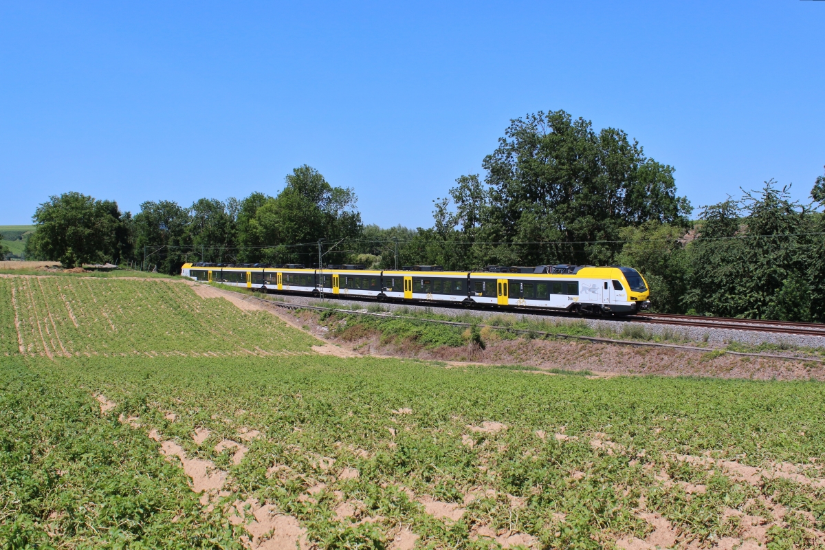 Am 24.06.2020 ist ein Flirt von Go-Ahead auf dem RE8 nahe Lauffen am Neckar in Richtung Stuttgart unterwegs.