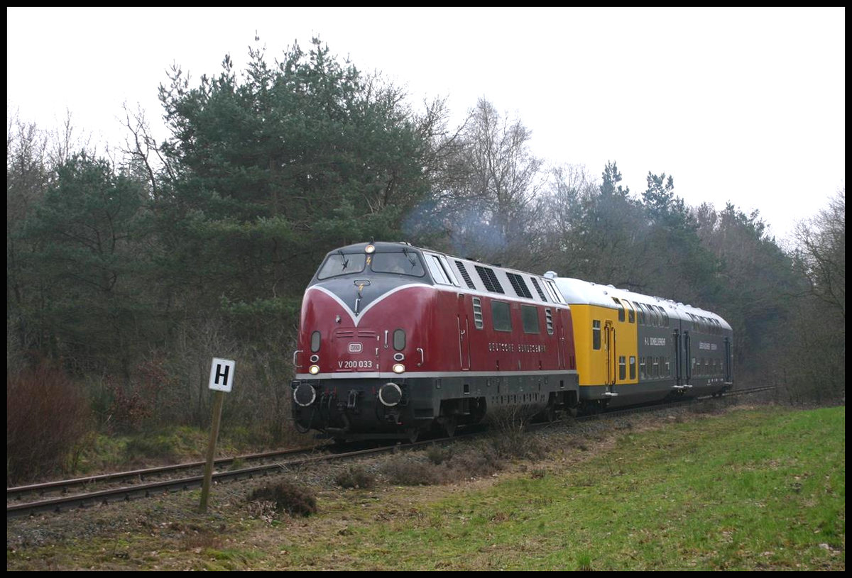 Am 24.2.2007 kam die Hammer V 200033 mit dem musealen Lübeck Büchener Doppelstockzug im Rahmen einer Sonderfahrt via Cloppenburg nach Friesoythe. Am Haltepunkt Varrelbusch konnte ich den Zug im Bild fest halten. Zum Leidwesen der Teilnehmer herrschte während des ganzen Tages trübes Regenwetter!