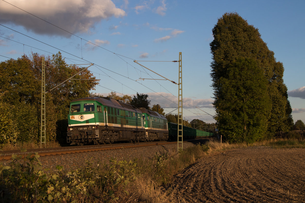 Am 25. September 2018 war der  Sandzug  mal wieder im Vogtland unterwegs. Hier kurz vor Syrau. Hauptdarstellerinnen diesmal V 300 005 und V 300 003. 