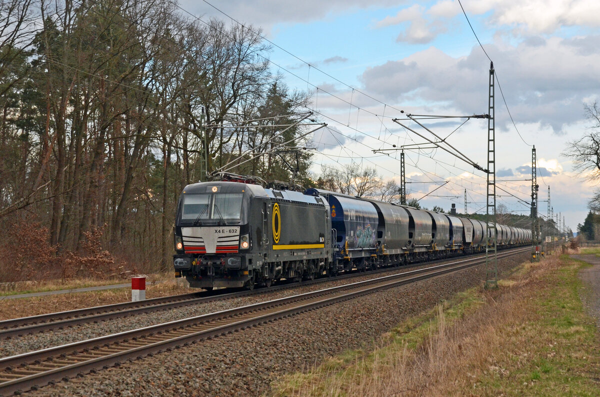 Am 25.02.24 führte 193 632 Im Design des neuen Eigentümers BRCE einen Silozug durch Radis Richtung Bitterfeld.