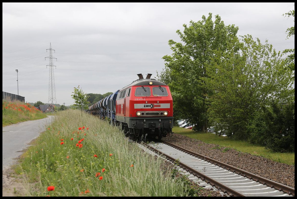Am 25.05.2020 kam die 218451-3 der LWC mit einem Schotterzug von Gütersloh aus auf die Strecke der Teutoburger Wald Eisenbahn, um dort bei der Restauration der Strecke weiter Schienenbereiche einzuschottern. Nach der Entladung fuhr der Zug weiter nach Lengerich, um von dort aus über die Rollbahn weiter nach Münster zu fahren. Hier erreicht der Zug gerade den Ortsrand von Bad Laer. 