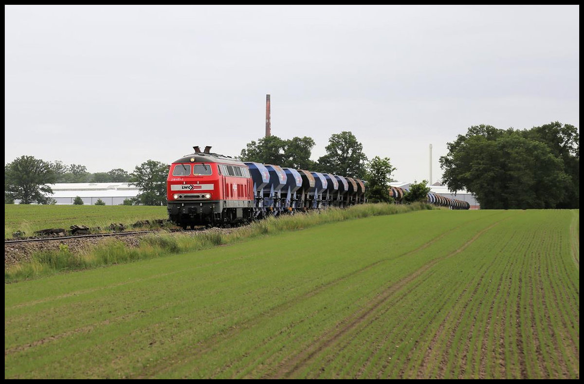 Am 25.05.2020 kam die 218451-3 der LWC mit einem Schotterzug von Gütersloh aus auf die Strecke der Teutoburger Wald Eisenbahn, um dort bei der Restauration der Strecke weiter Schienenbereiche ein zu schottern. Nach der Entladung fuhr der Zug weiter nach Lengerich, um von dort aus über die Rollbahn weiter nach Münster zu fahren. Hier ist der leere Zug am nördlichen Ortsrand von Bad Laer zum Mittagshalt in Bad Iburg unterwegs.