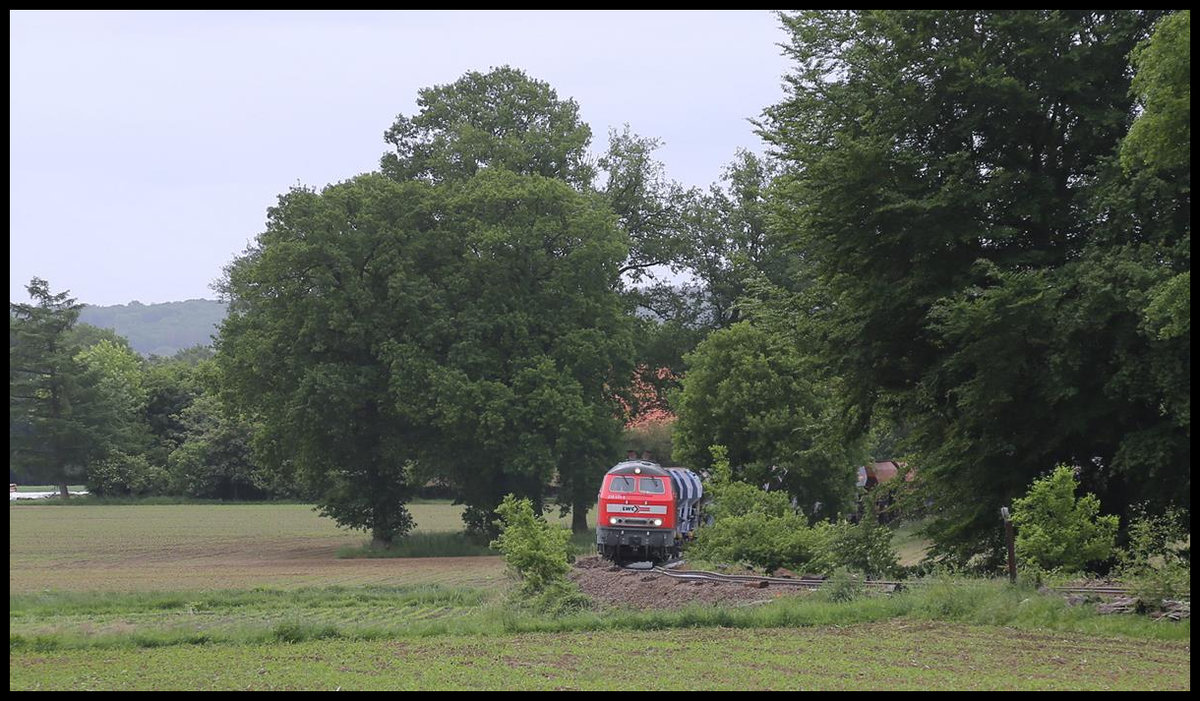 Am 25.05.2020 kam die 218451-3 der LWC mit einem Schotterzug von Gütersloh aus auf die Strecke der Teutoburger Wald Eisenbahn, um dort bei der Restauration der Strecke weiter Schienenbereiche ein zu schottern. Nach der Entladung fuhr der Zug weiter nach Lengerich, um von dort aus über die Rollbahn weiter nach Münster zu fahren.
Hier erreicht der Zug gerade den südlich von Glane gelegenen BÜ, welchen er nur im Schritt Tempo befahren konnte. Die Gleislage spricht hier erkennbar für sich!