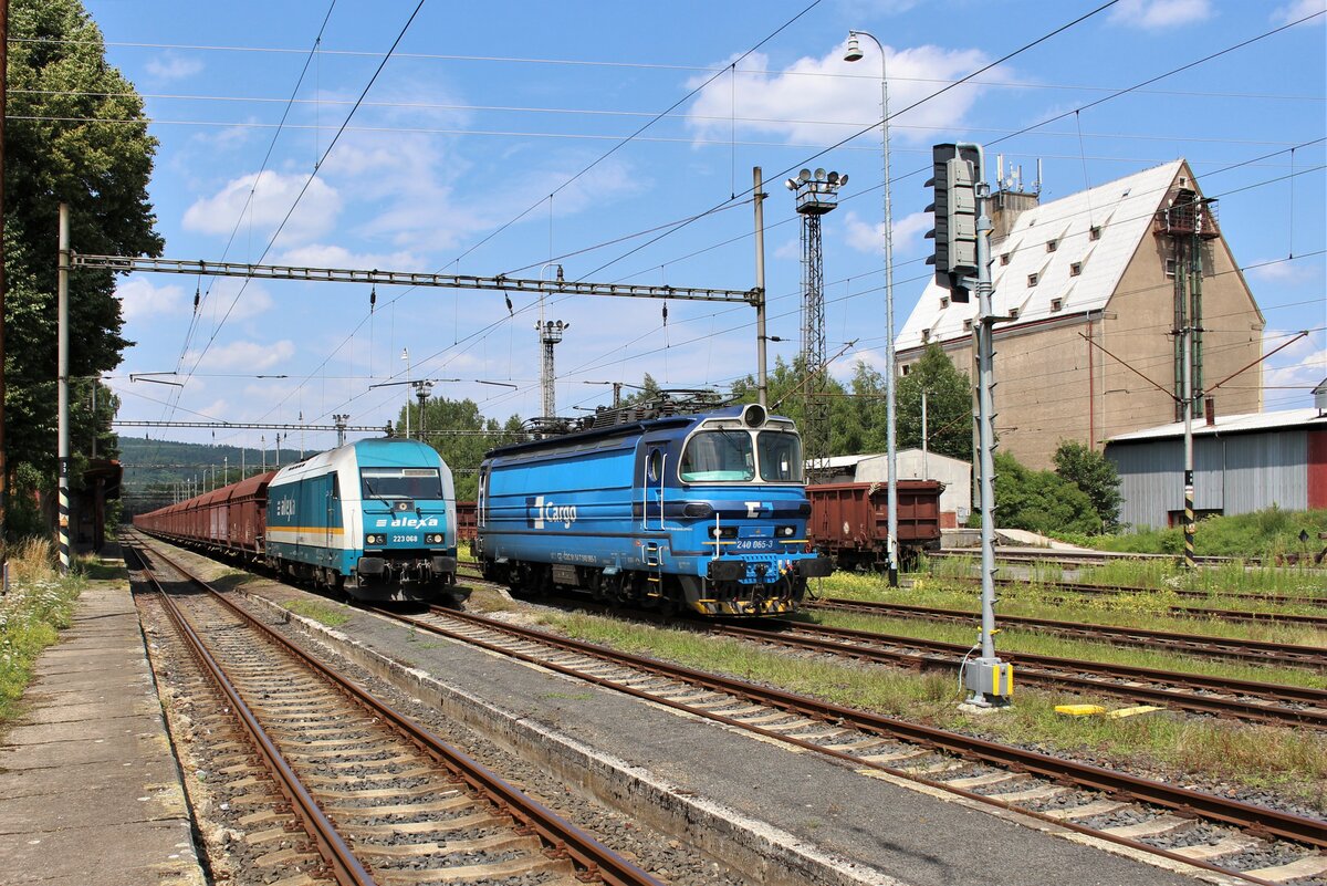 Am 25.07.21 fuhren noch die Elbtalumleiter. Es wurden auch Züge über Vojtanov umgeleitet. So konnte man nach vielen Jahren wieder mal eine 240 in Vojtanov antreffen.
240 065 wartete auf ihren Zug, der mit 223 065 aus Richtung Reichenbach/V kam.