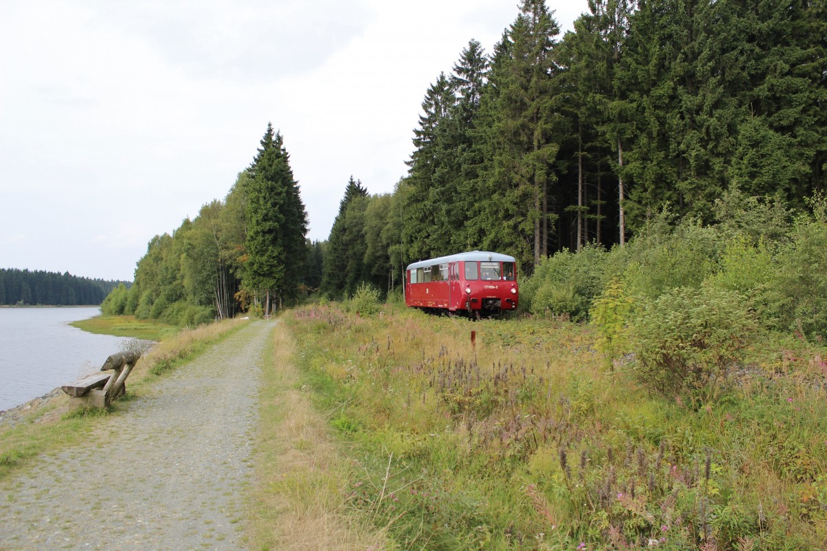 Am 25.08.13 fuhr das Ferkel (171 056-5) wieder von Adorf nach Muldenberg und zurck. Hier zusehen an der Talsperre Muldenberg.