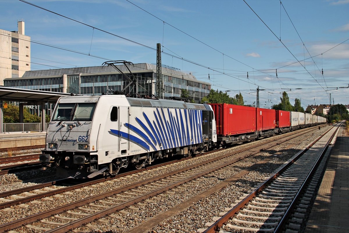 Am 25.08.2015 fuhr Lokomotion 185 662-4 mit dem Ekol-KLV (Trieste - Köln Eifeltor) durch München Heimeranplatz gen München Laim.