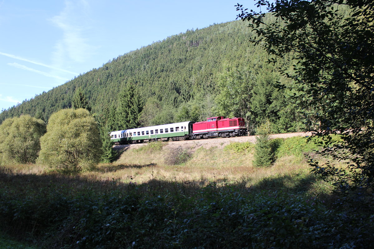 Am 25.09.16 fuhr wieder der Sormitztal-Express. Da die 41 1144 noch in Meiningen ist und die für die Fahrt vorgesehene 50er wohl auch defekt war, kam die 110 108-8 der Hörseltalbahn GmbH zum Einsatz. Wie ich fand war es eine sehr gute Entscheidung. Hier der Zug bei Grünau.