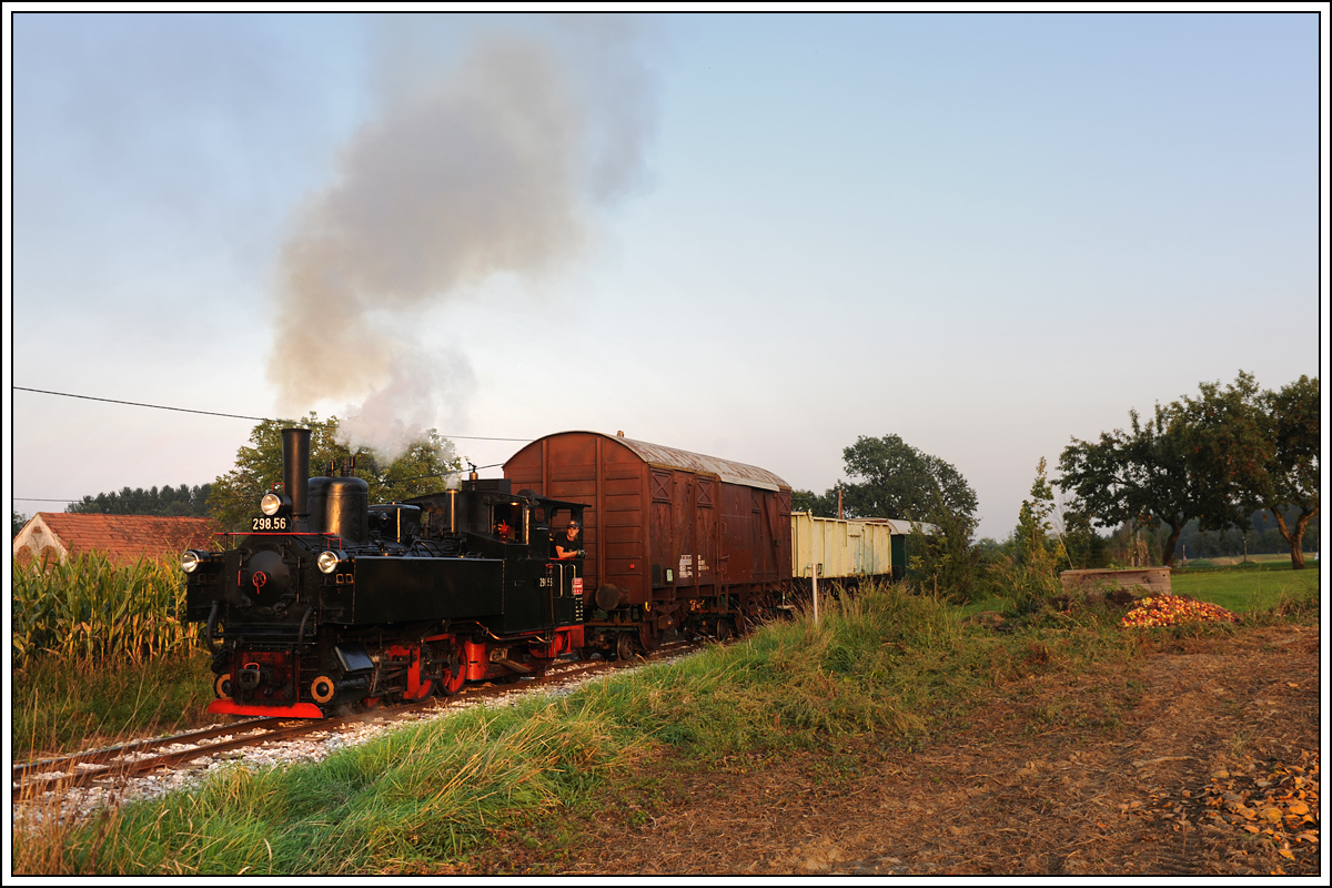 Am 25.9.2013 in der Weststeiermark das Rad der Zeit etwas zurck gedreht - 298.56 (ex NLB U.6) mit zwei ehemaligen auf Rollbcken aufgeschemelten GKB Gterwaggons + Bi 35 als Bremswagen bei der Ausfahrt aus Herbersdorf.

