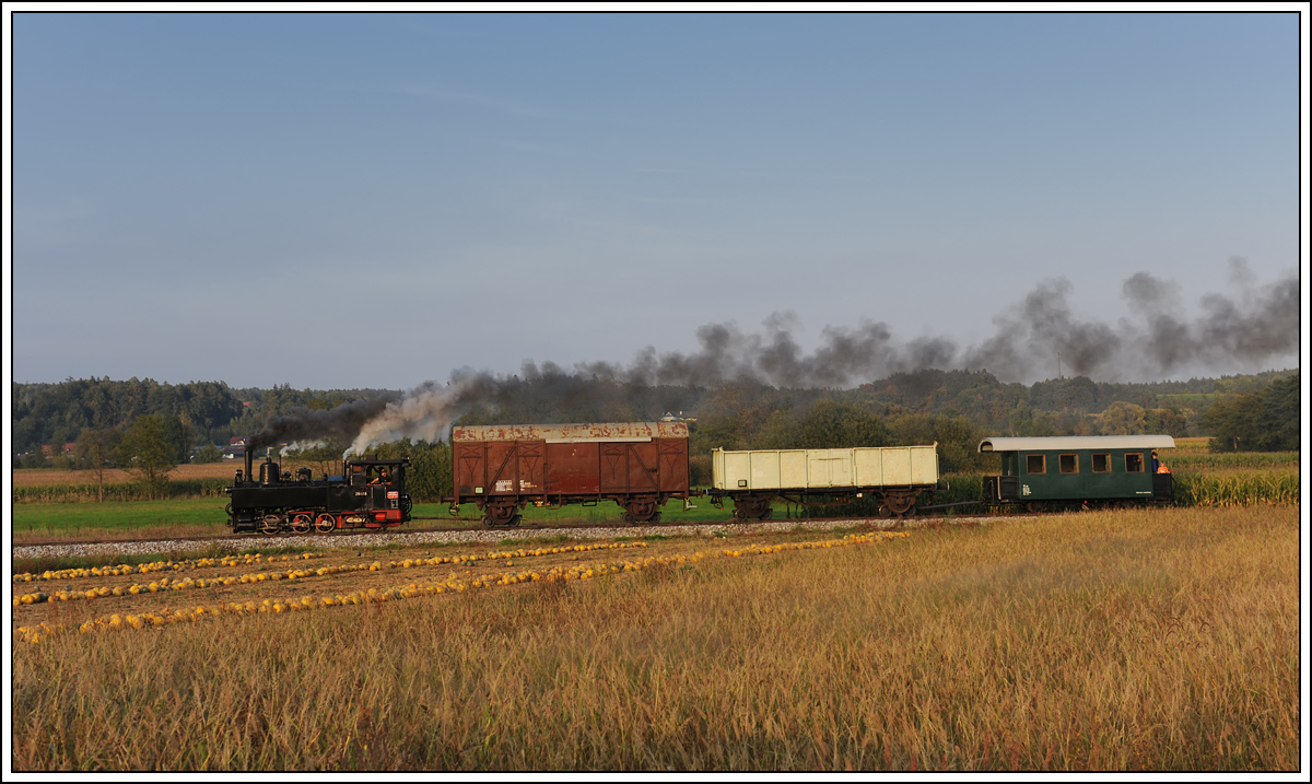 Am 25.9.2013 in der Weststeiermark das Rad der Zeit etwas zurck gedreht - 298.56 (ex NLB U.6) mit zwei ehemaligen auf Rollbcken aufgeschemelten GKB Gterwaggons + Bi 35 als Bremswagen kurz vor Neudorf/Stainztal.

