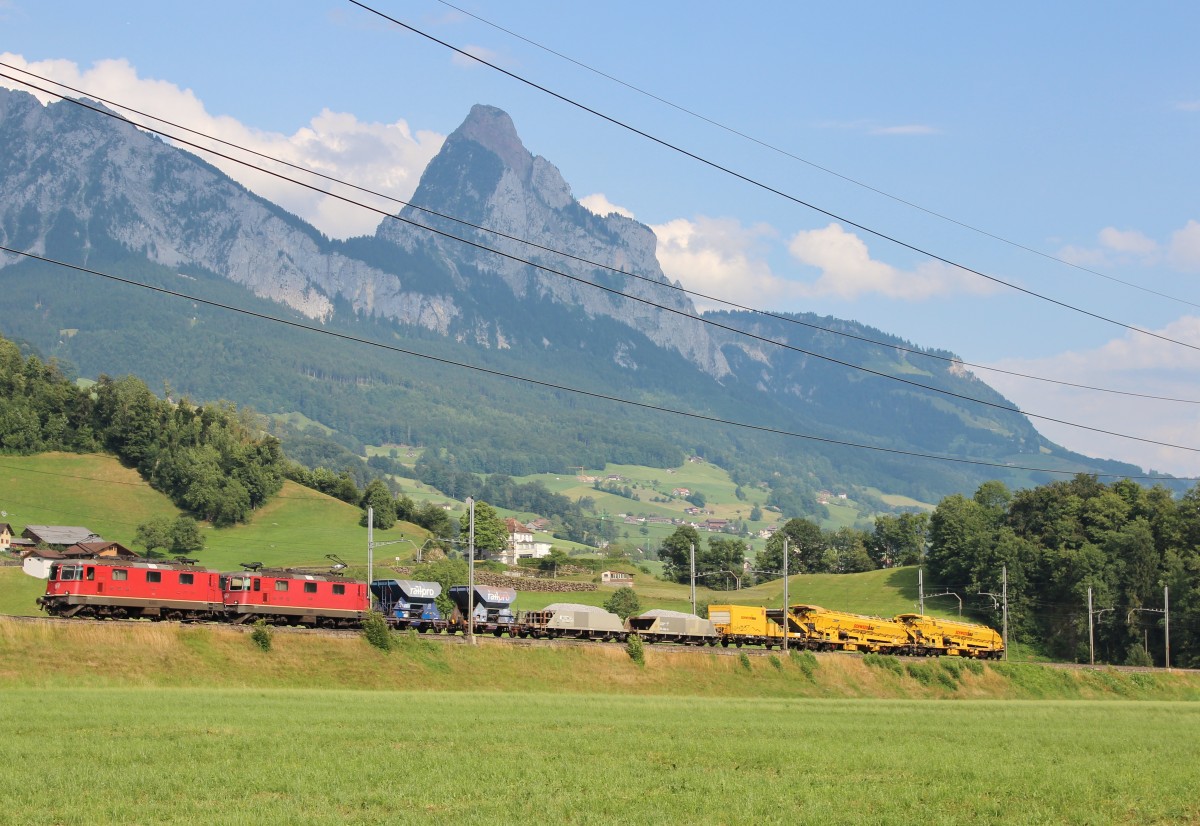 Am 25.Juli 2013 war eine  Re 8/8  mit einem kurzen Gterzug zwischen Schwyz und Arth-Goldau auf dem Weg Richtung Norden.