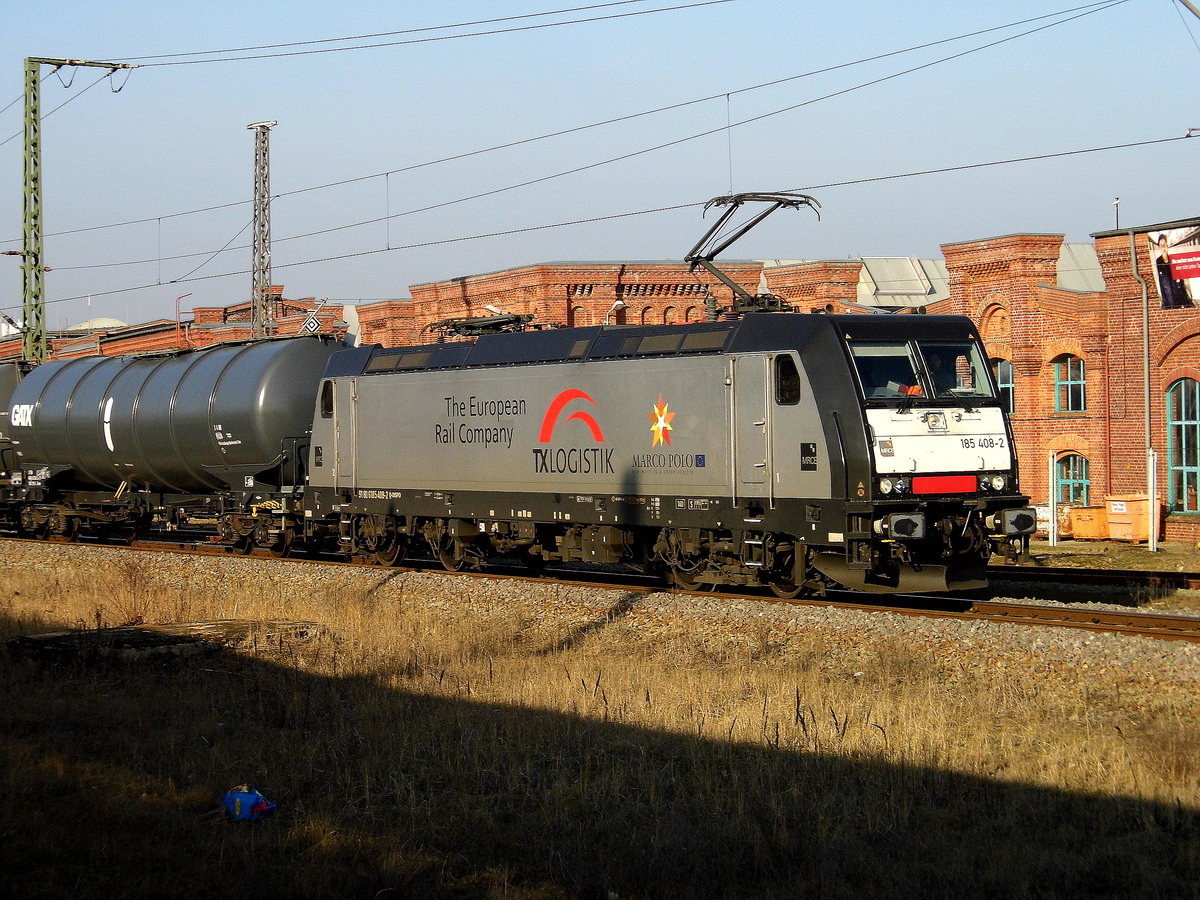 Am 26.02.2019 stand die 185 408-8 von der XL - TX Logistik AG (MRCE Dispolok ) in Wittenberge .