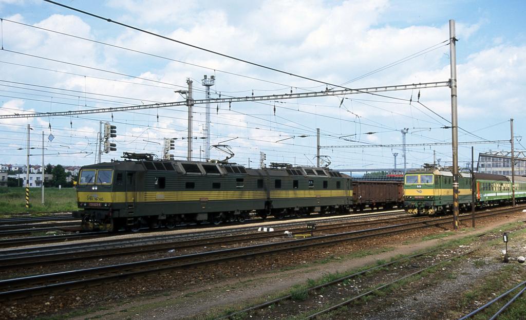 Am 26.06.2001 fhrt die Doppellok 131023 mit einem Gterzug in Richtung
Zilina an der abgestellten 162004 der ZSR im Bahnhof Poprad Tatry vorbei.