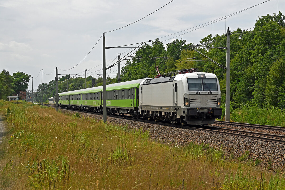 Am 26.07.26 bespannte 7193 606 den FLX 1238 nach Hamburg. Hier rollt der Zug durch Burgkemnitz Richtung Berlin.