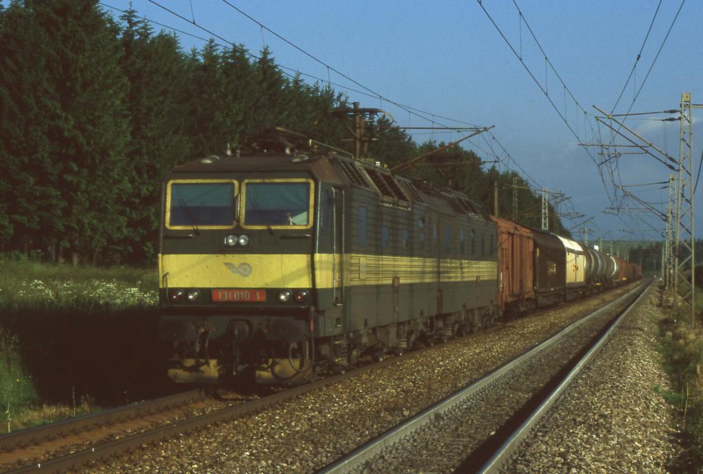Am 26.6.2001 rollt die Doppellok 131010 mit einem langen Gterzug die
Rampe bei Strba in Richtung Poprad hinunter.