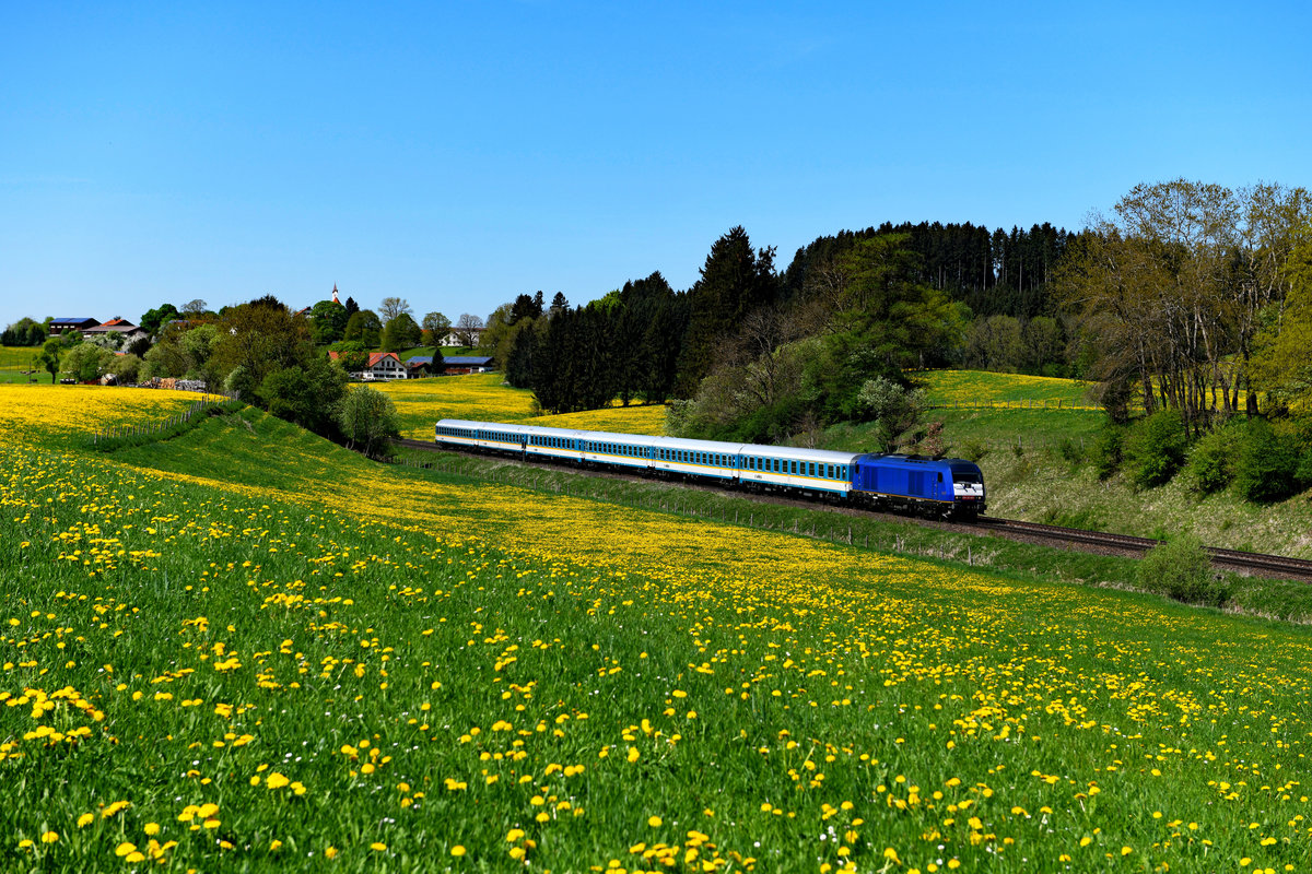 Am 27. April 2018 konnte ich erneut die blaue ER 20-001 aufnehmen, diesmal mit dem ALX 84137 zum Münchner HBF. Die blühenden Löwenzahnwiesen bei Aitrang wurden auch hier als Rahmen für die Umsetzung genutzt. 
