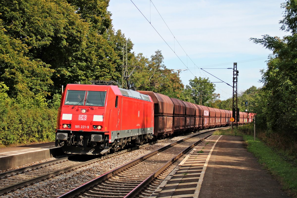 Am 27.08.2015 bespannte 185 221-9 einen leeren Erzzug aus Linz (AT), als sie aus Richtung Regensburg durch Etterzhausen gen Nürnberg fuhr.