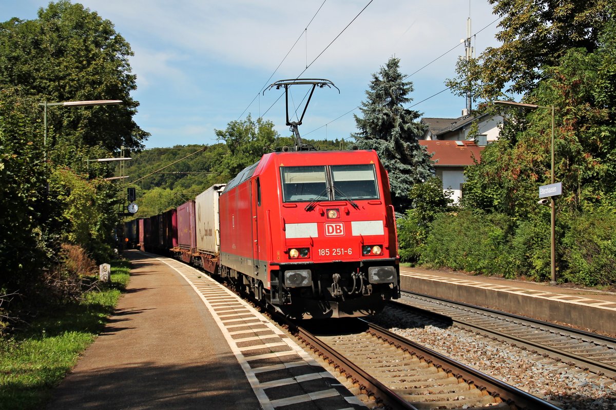 Am 27.08.2015 bespannte die 185 251-6 einen Containerzug, als sie durch den Haltepunkt von Etterzhausen in Richtung Süden fuhr.