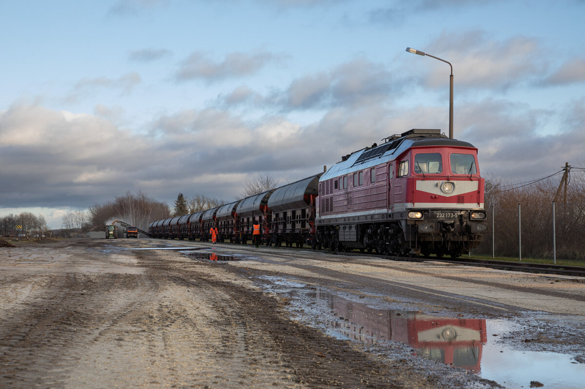 Am 27.12.2022 war die 232 173 der Triangula in Grimmen Anschluss Schützenplatz mit der Getreideentladung beschäftigt.

