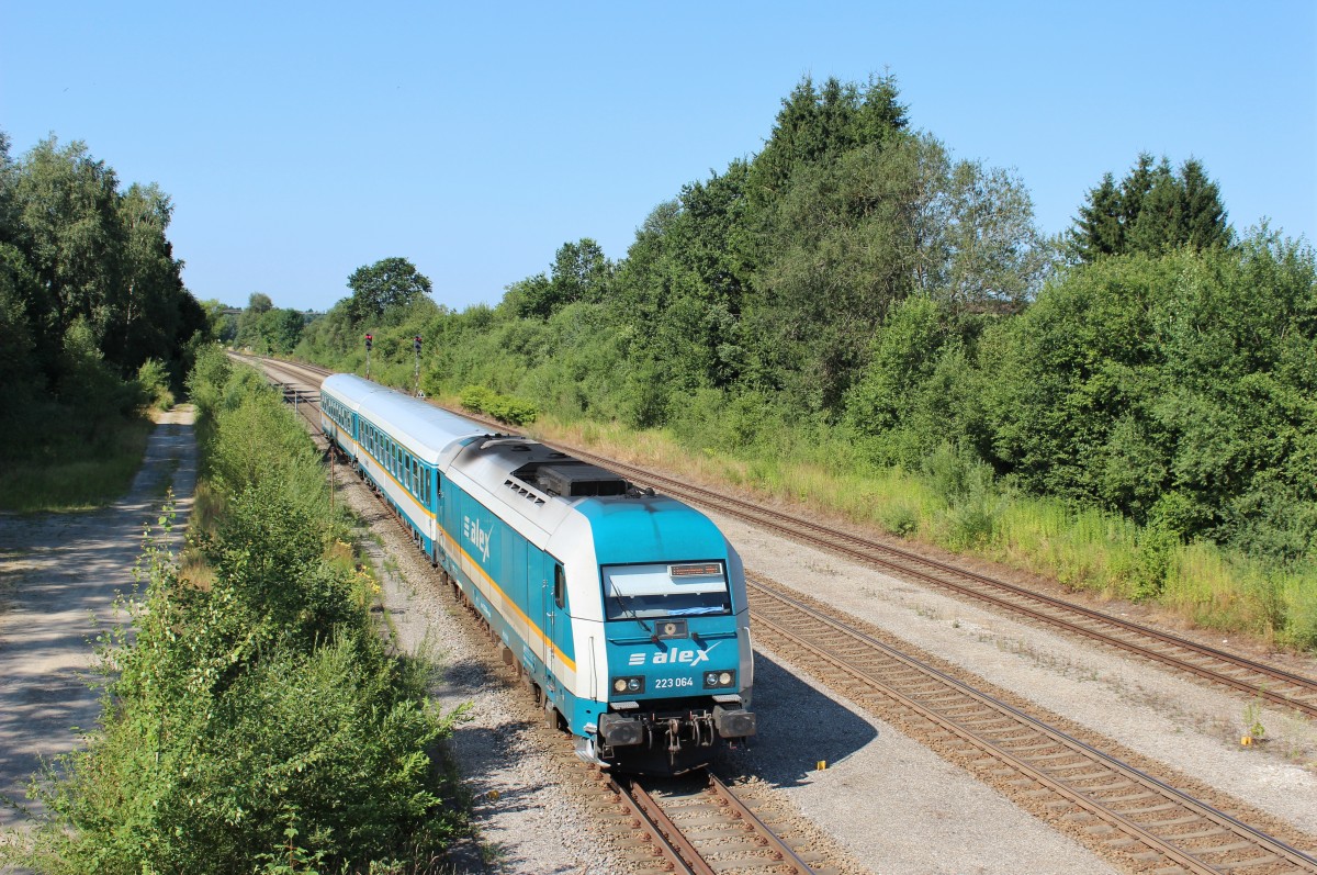 Am 27.Juli 2013 war 223 064 mit ALX 84147 aus Lindau Hbf in Hergatz auf dem Weg nach Mnchen Hbf.