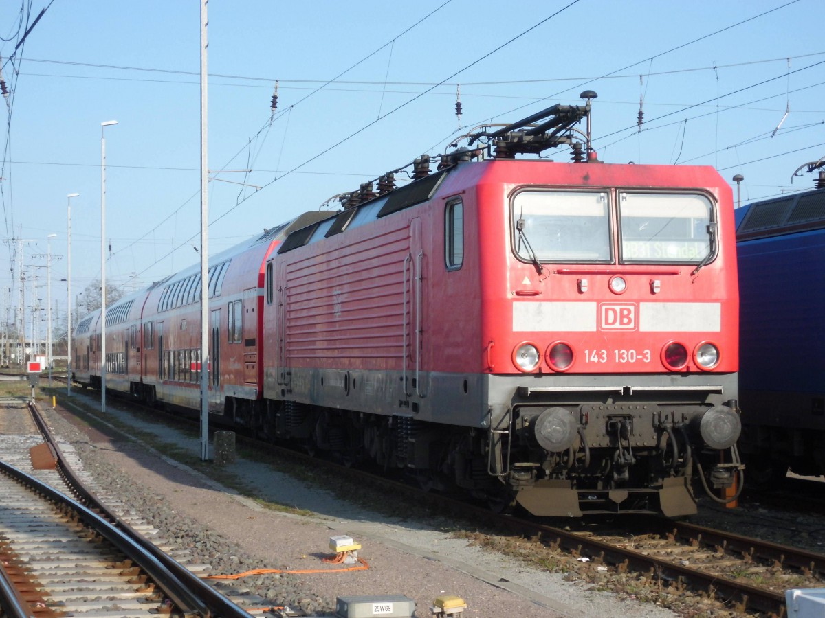 Am 28.03.2015 stand 143 130 mit ihrer RB 31 in Stendal abgestellt.