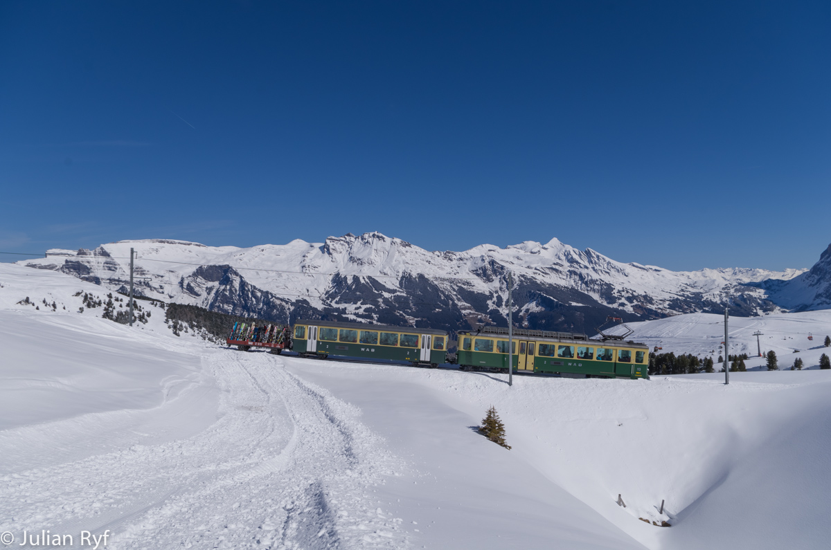 Am 28.03.2015 war am Morgen wunderschönes Wetter im Berner Oberland, was natürlich viele Skifahrer anlockte. Hier fährt der BDhe 4/4 113 mit dem Bt 212 und einem Skiwagen zwischen der Kreuzungsstation Salzegg und der Kleinen Scheidegg bergwärts. Im Hintergrund das Panorama mit unter anderem Faulhorn, Simelihorn, First, Gärstenhorn, Schwarzhorn und rechts die Grosse Scheidegg als Übergang ins Haslital.