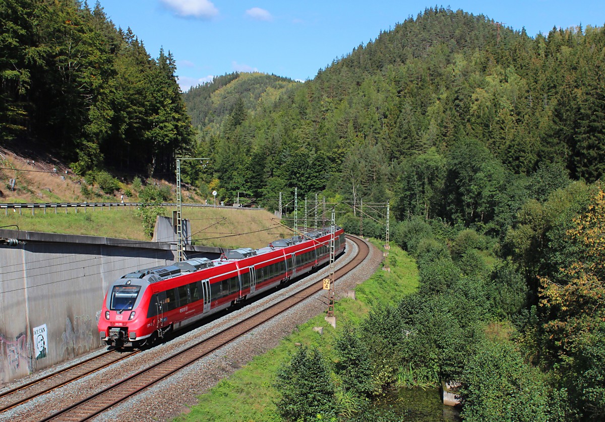 Am 28.09.2015 fährt 442 310 als RB 59361 (Saalfeld (Saale) - Nürnberg Hbf) den Frankenwald hinauf, Aufnahme Endstand bei Lauenstein.