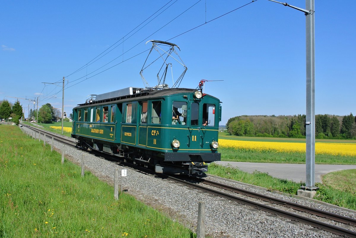 Am 29.04.2017 pendelte der historische RBS CFe 4/4 Nr. 11 anlsslich der Solothurner Museumsnacht zwischen Solothurn und Lohn-Lterkofen, im Bild ist der Triebwagen bei Ammannsegg.

