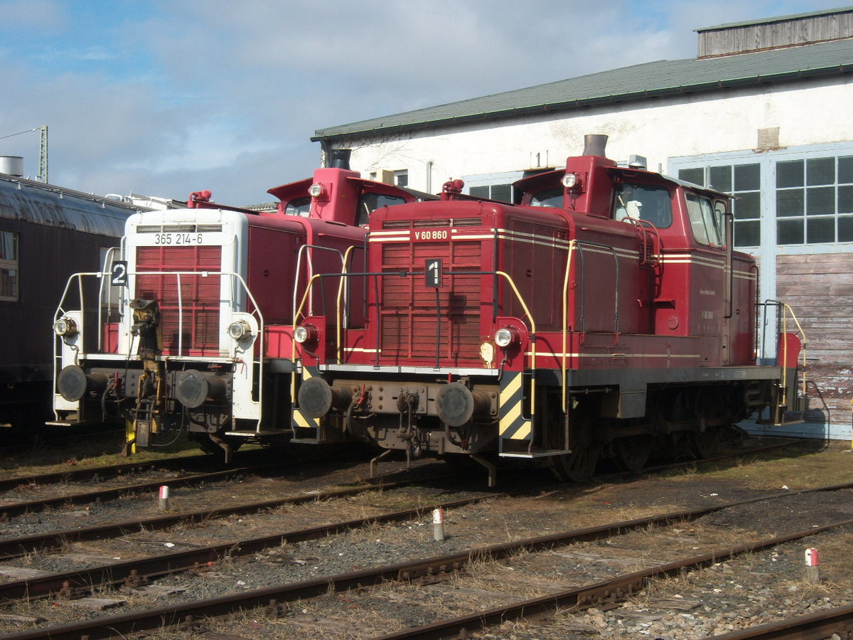 Am 29.1.2009 Sonnen sich die 365 214-6 und V60 860 der Bayern Bahn vor dem Lokschuppen des Bayrischen Eisenbahnmuseum in Nördlingen  