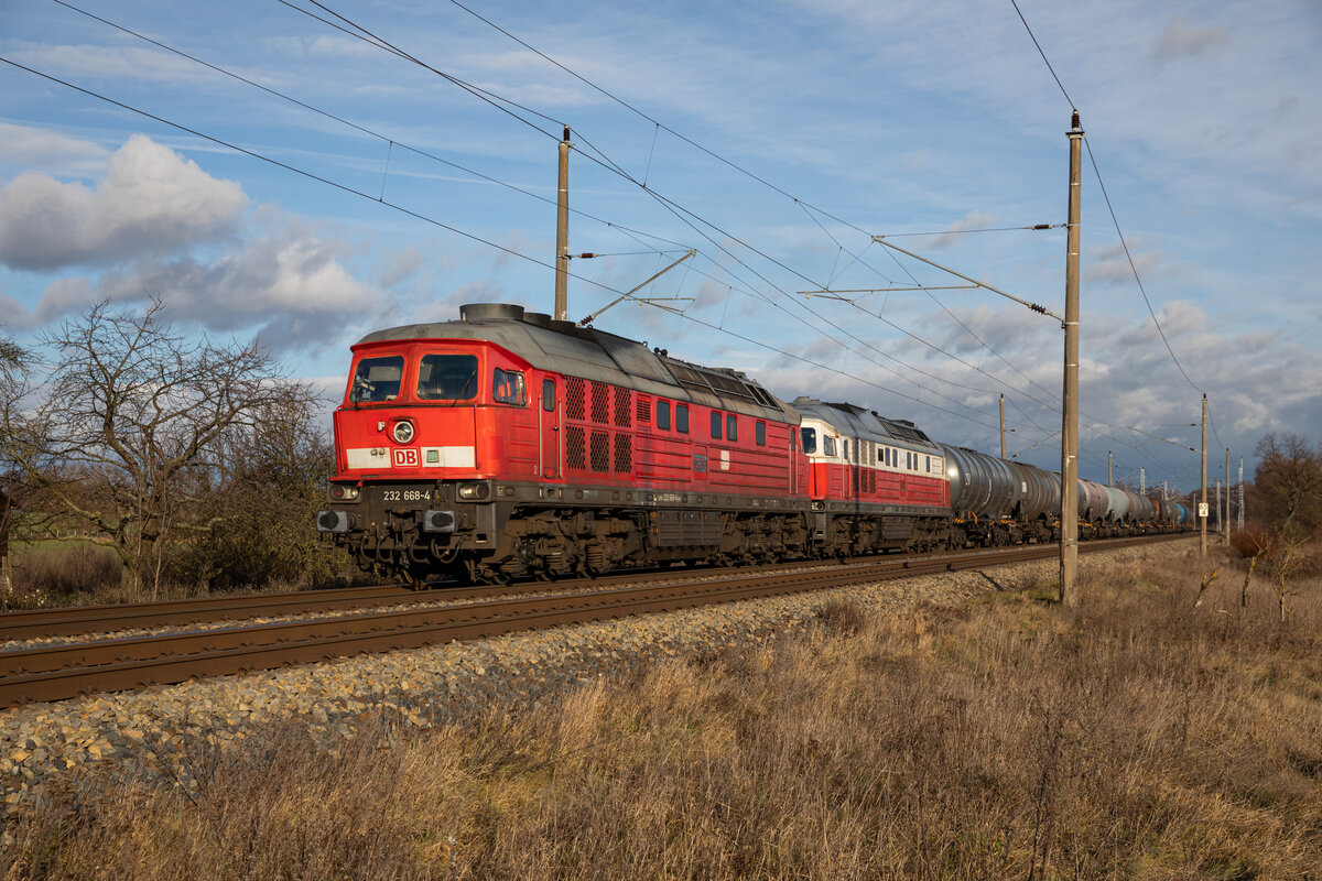 Am 29.12.2022 zogen die 232 668 & 232 092 einen langen Kesselzug von Stendell nach Seddin. Aufgenommen in Schmargendorf.
