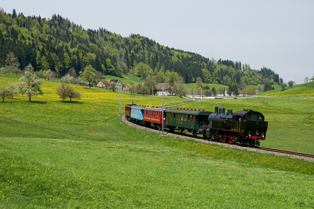 Am 30.04.2016 führte der Dampfloki-Club Herisau eine öffentliche Probefahrt nach erfolgreicher Kesselreparatur mit der Eb 3/5 9 durch. Ich konnte den Zug mit der verkehrt herum stehenden Lok bei Bäretswil ein erstes mal ablichten.
