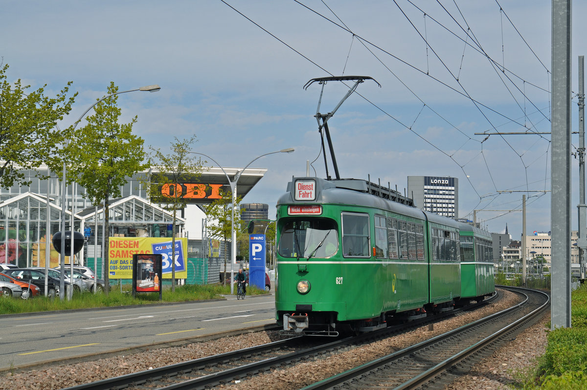 Am 30.04.2016 wird der Be 4/6 627 vom Depot Wiesenplatz ins Depot Dreispitz gefahren. Im Depot Dreispitz soll das neue Trammuseum entstehen, wo die Beiden Düwag 627 und 628 zur Oldtimer Flotte zählen werden. Einer der beiden soll zu einem Partytram umgebaut werden.