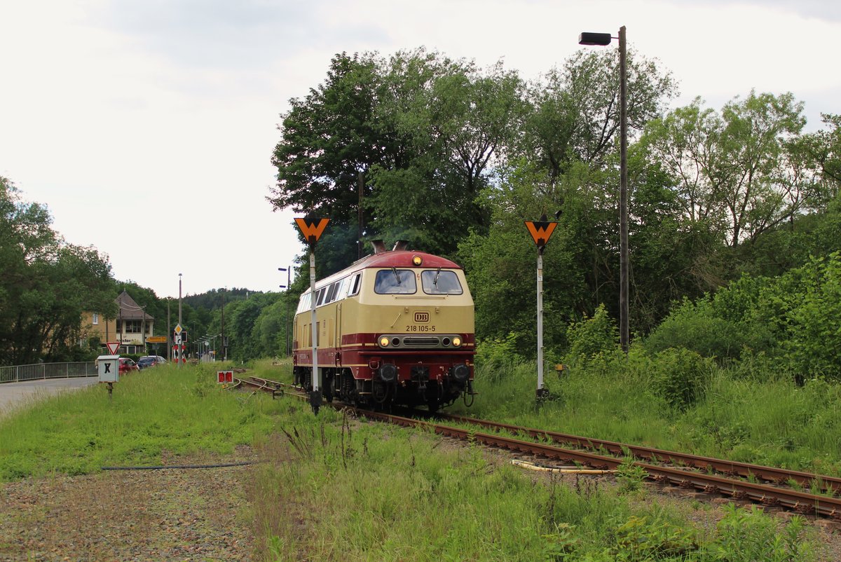 Am 30.05.16 konnte ich die neue 218 105 der NeSA in Loitsch ablichten.
Sie war auf dem Weg nach Gera.
