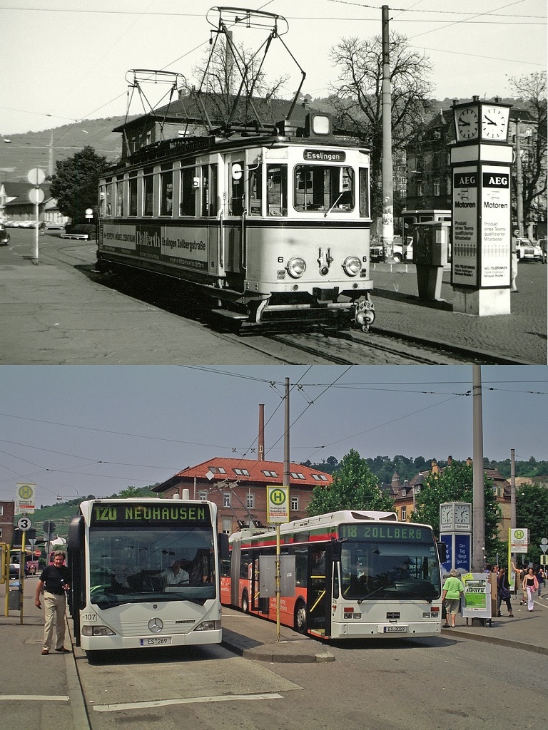 Am 30.09.1977 ist der Triebwagen Nr. 6 der Überlandstraßenbahn Esslingen-Nellingen-Denkendorf am Esslinger Bahnhofvorplatz angekommen. Wenige Monate später ist der Straßenbahnbetrieb eingestellt worden. An derselben Stelle stehen im Jahre 2013 die Busse der Linien 120 und 118 der Städtischen Verkehrsbetriebe Esslingen.  