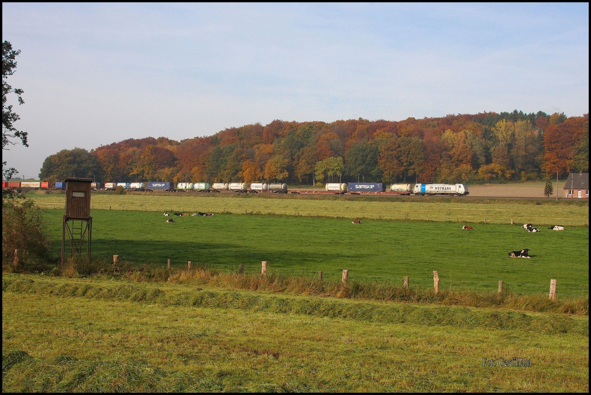 Am 30.10.2015 kam Metrans Rpool 186187 um 10.57 Uhr mit einem Container Zug in Richtung Osnabrück fahrend durch die Bauernschaft bei Ibbenbüren - Laggenbeck.