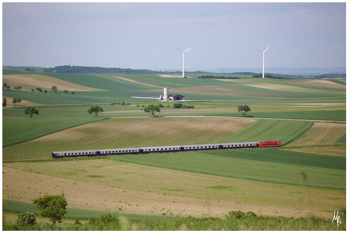 Am 30.Mai fährt die 2143.70 mit fünf Schlierenwagen gerade Ernstbrunn entgegen. (30.05.2015)