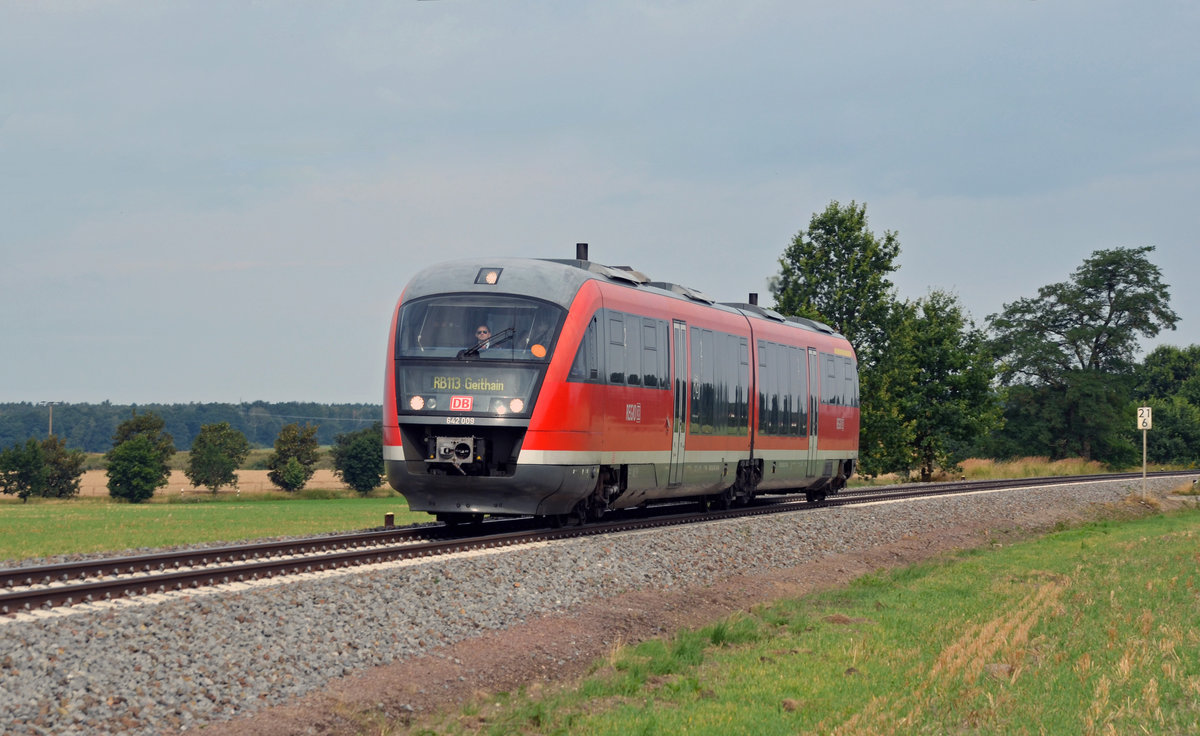 Am 31.07.16 war 642 009 von Leipzig aus unterwegs nach Geithain, hier passiert er soeben Belgershain.