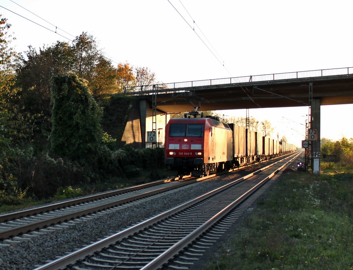 Am 31.10.2013 bespannte die Seddiner 145 046-9 einen KLV, als sie durch Orschweier gen Offenburg fuhr.