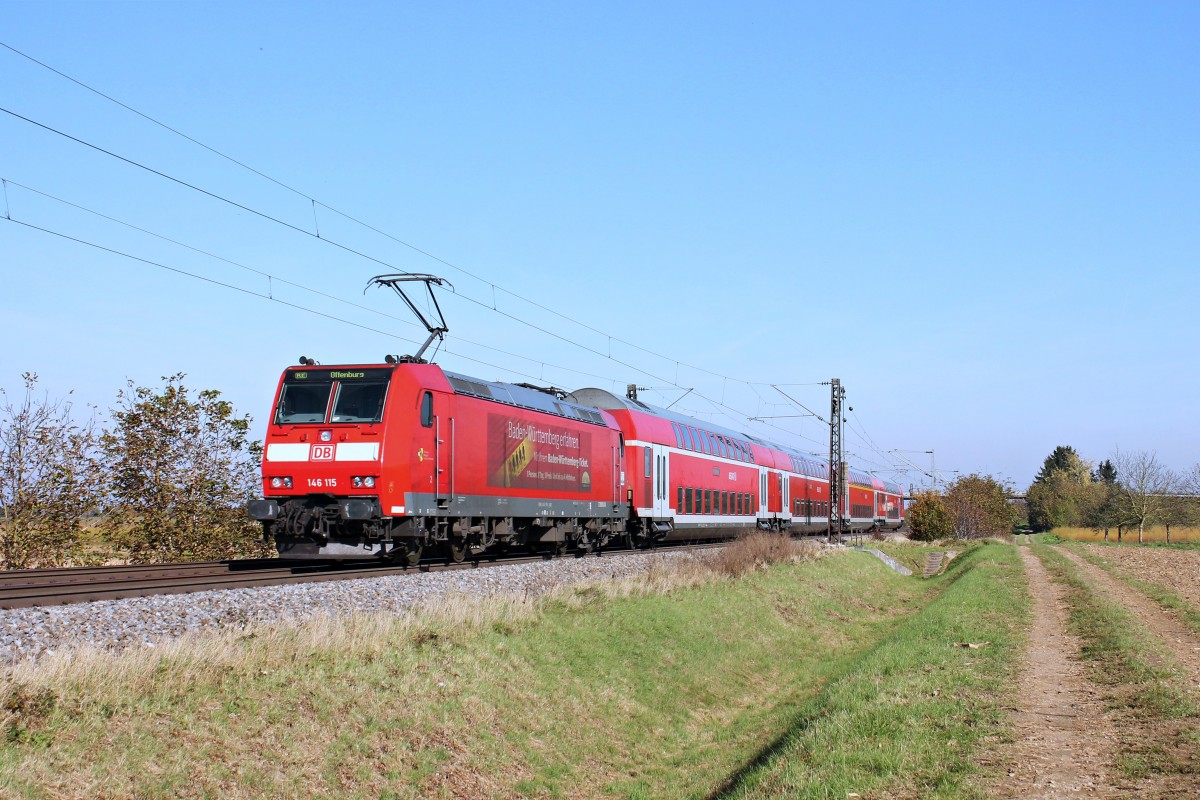 Am 31.10.2014 fuhr die Freiburger 146 115  Baden Württemberg erfahren  mit einem RE (Basel Bad Bf - Offenburg) an Hügelheim vorbei und ihrem nächstehn Ziel in Heitersheim entgegen.